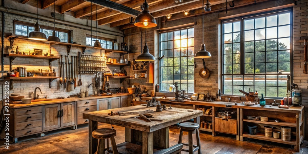 urbane modern workshop mixed metallic textures reclaimed wood background vintage tools warm natural light sophisticated modern craftsman urbane modern workshop mixed metallic textures reclaimed wood background vintage tools warm natural light sophisticated modern craftsman