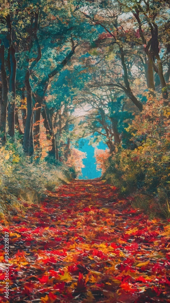 Fototapeta premium A forest pathway covered in vibrant leaves, lined with tall trees, sunlight filters through canopy, casting dappled light on ground.jpeg