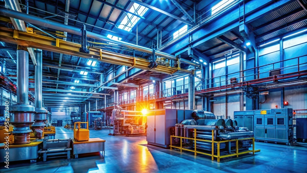 high contrast dramatic lighting cutting edge industrial machinery complex pneumatic system bright bold colors modern industrial facility high contrast dramatic lighting cutting edge industrial machinery complex pneumatic system bright bold colors modern industrial facility