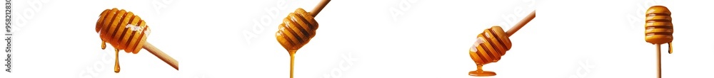 Over yellow background, honey drips from wooden honey dipper. Sweet bee product for your design. Over yellow background, honey drips from wooden honey dipper. Sweet bee product for your design.