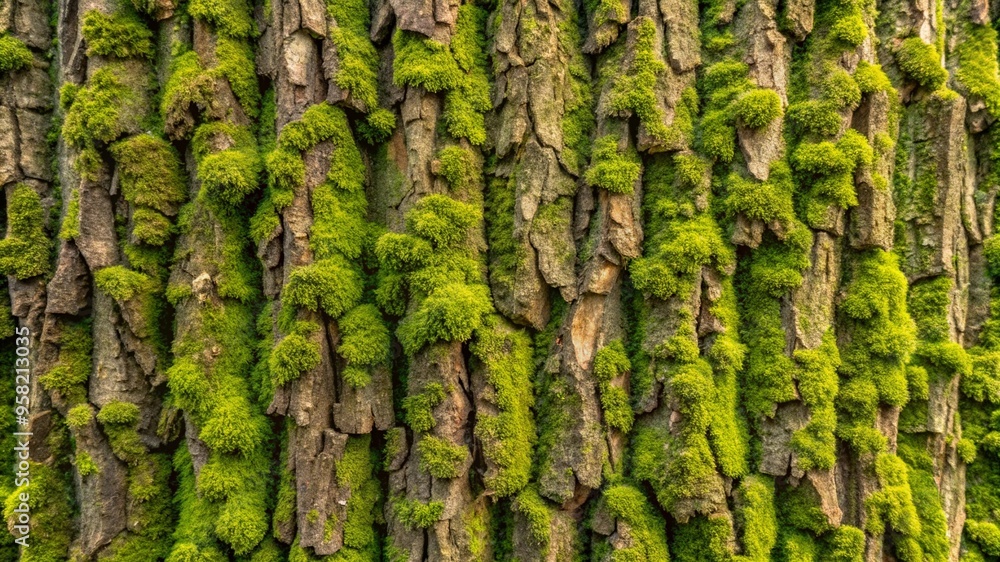 Close-up view of textured tree bark covered with green moss Close-up view of textured tree bark covered with green moss