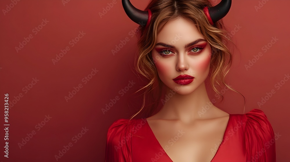 Seductive Devil Woman in Crimson Costume with Horns for Halloween Portrait Seductive Devil Woman in Crimson Costume with Horns for Halloween Portrait