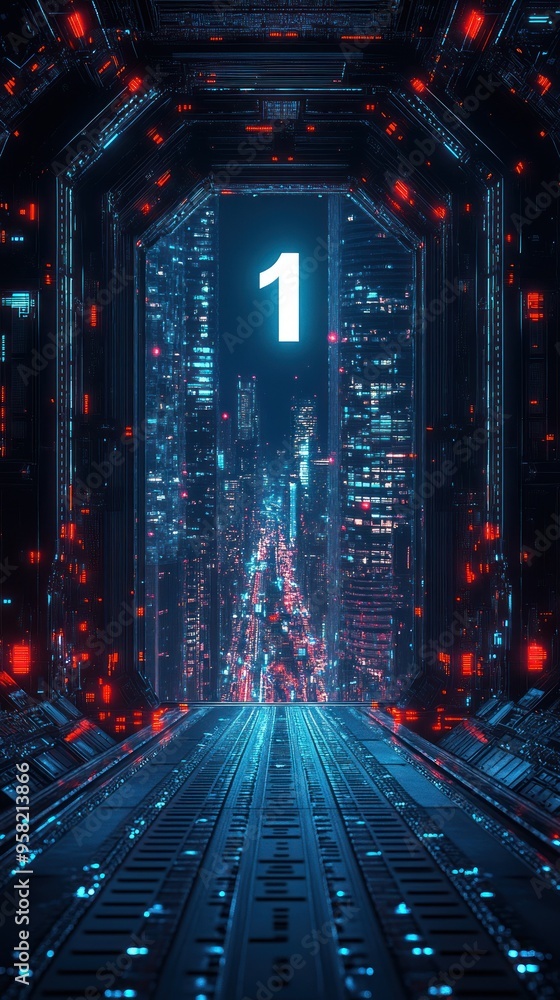 Number 1 in futuristic tunnel with vibrant city lights Number 1 in futuristic tunnel with vibrant city lights