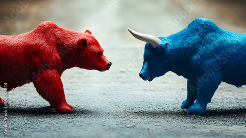 red bear facing off against a blue bull, representing the classic battle between market trends photo