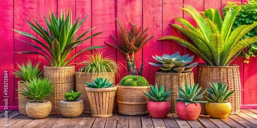 playful summery backyard scene colorful haworthia arrangement woven wicker planters bright coral pink wall distressed wooden fence tropical palm trees fresh foliage photo