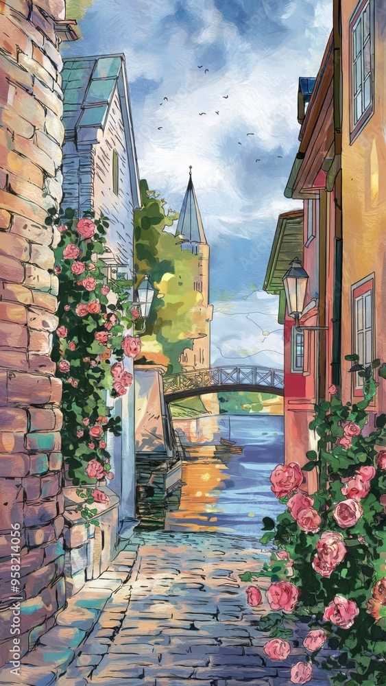 Fototapeta premium A Spring scene in Visby, on island of Gotland, with medieval stone walls, blooming roses and narrow cobblestone streets.jpeg