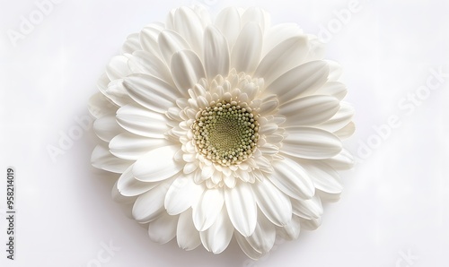 One white daisy flower isolated on white background. Flat lay, top view. Floral pattern, object. 