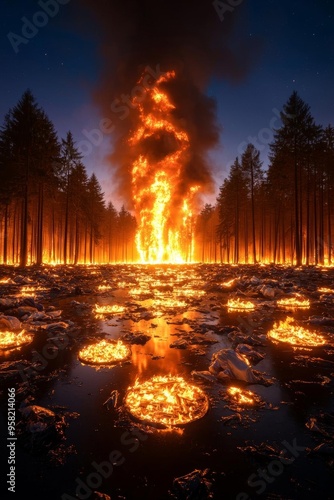 A forest fire raging through an area littered with garbage