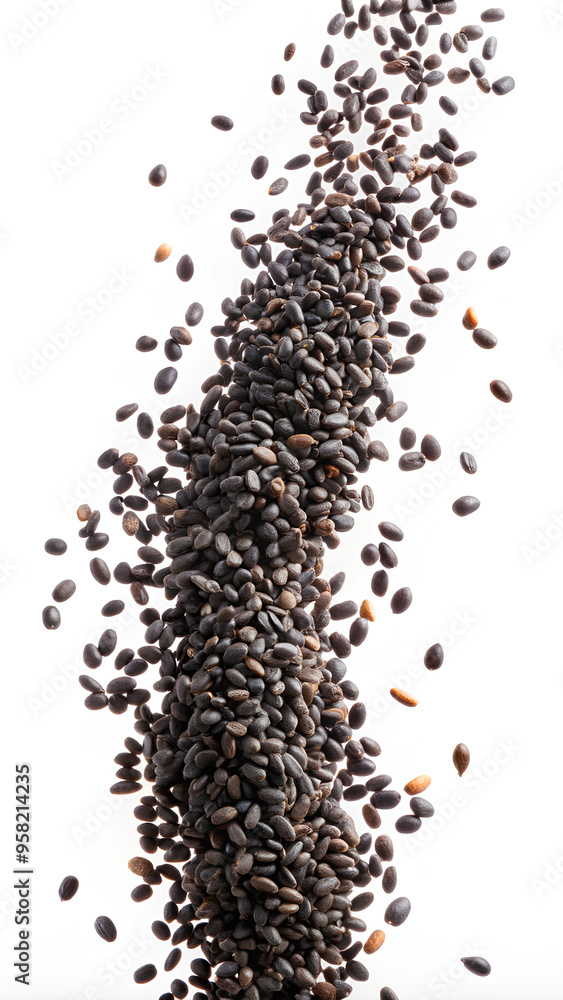 Black sesame seeds in the air, isolated on white Black sesame seeds in the air, isolated on white