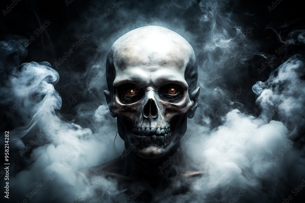 A scary skull ghost head pops out of the darkness with eye sockets in the dark fog background. face halloween theme image. A scary skull ghost head pops out of the darkness with eye sockets in the dark fog background. face halloween theme image.