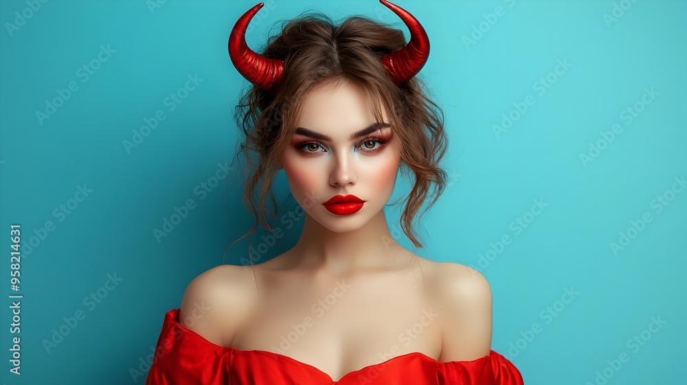 Alluring Devil Woman in Red Halloween Costume with Horns on Blue Background Alluring Devil Woman in Red Halloween Costume with Horns on Blue Background
