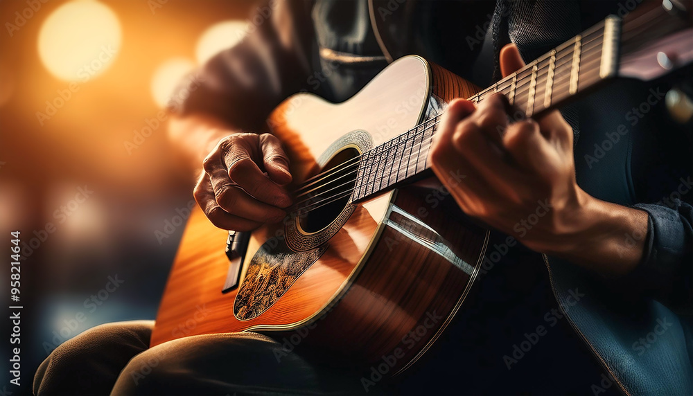 Fototapeta premium Extreme close-up of the expert hands of a guitarist as he plays a beautiful wooden acoustic guitar. String instrument concept. Generative Ai.