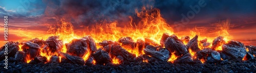 A landfill site engulfed in smoke, with garbage being dumped continuously