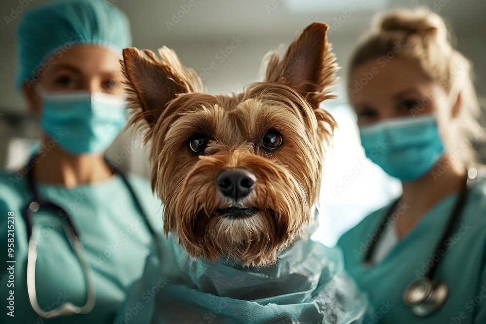 A dog is being held by two doctors in a hospital setting A dog is being held by two doctors in a hospital setting