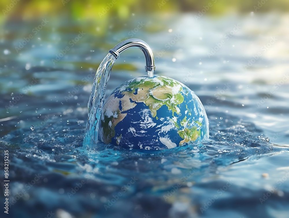 3D Illustration of Earth Being Watered by a Faucet 3D Illustration of Earth Being Watered by a Faucet
