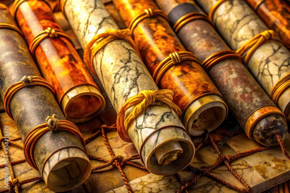 Delicate paper scrolls wrapped around marble cylinders, ink calligraphy weaving mystical tales, in warm, golden, ancient-inspired colors Delicate paper scrolls wrapped around marble cylinders, ink calligraphy weaving mystical tales, in warm, golden, ancient-inspired colors