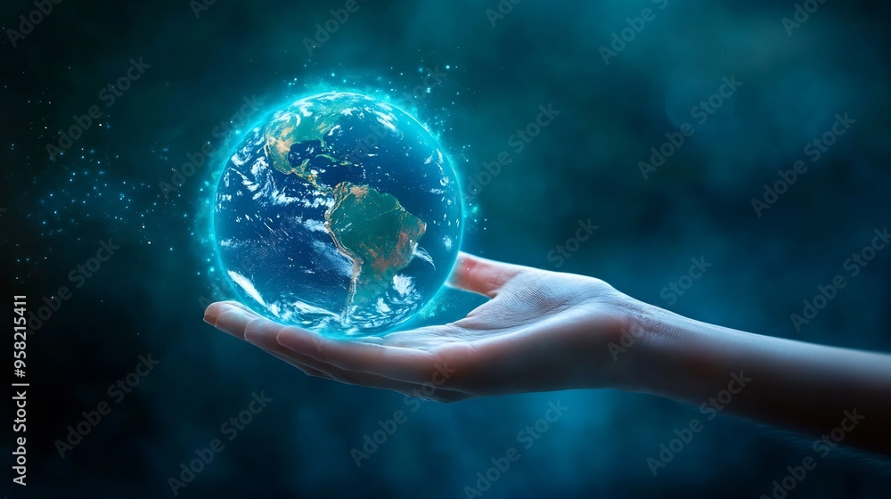 Conceptual image of a hand holding the Earth with a protective ozone layer around it, symbolizing the importance of ozone preservation, glowing blue energy, space background Conceptual image of a hand holding the Earth with a protective ozone layer around it, symbolizing the importance of ozone preservation, glowing blue energy, space background