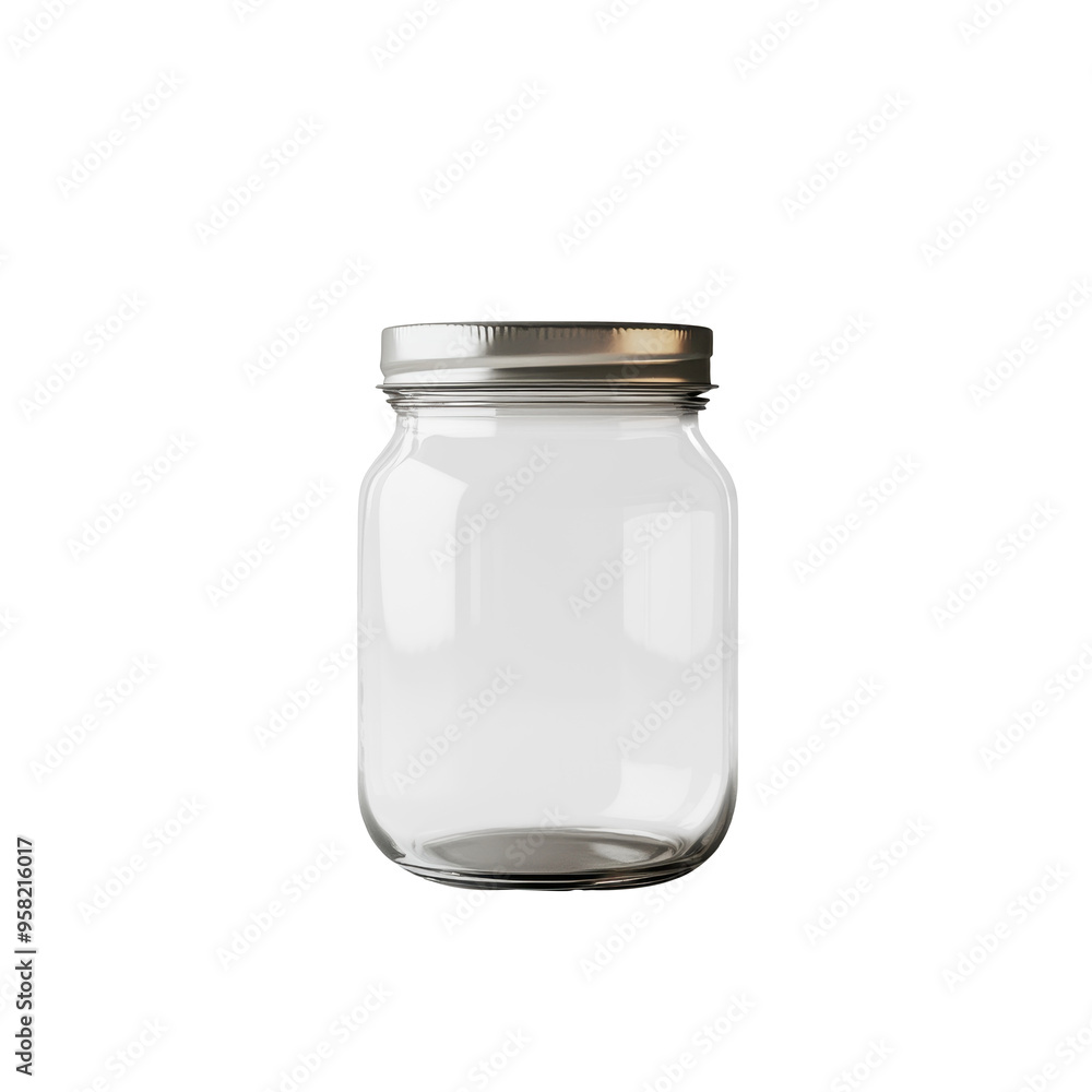 Empty glass jar with metal lid isolated on transparent background, clear storage container, kitchen organization, reusable glass jar for food storage