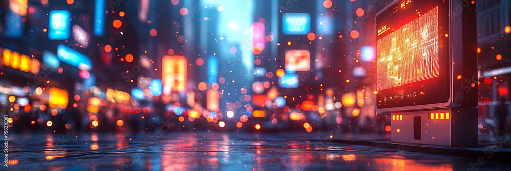 Fototapeta premium Vibrant neon city street at night, futuristic design, colorful lights, bustling atmosphere, wet streets, rainy, cyberpunk style, digital displays