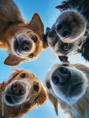 Four dogs curiously gazing down at camera outdoors