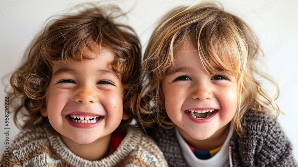 Two children with curly hair smiling and looking at camera Two children with curly hair smiling and looking at camera