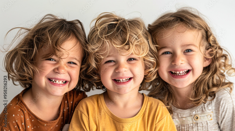 Three children with curly hair smiling and looking at camera Three children with curly hair smiling and looking at camera