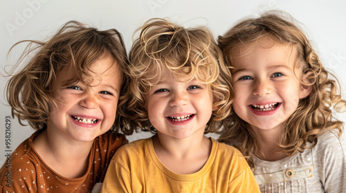 Three children with curly hair smiling and looking at camera