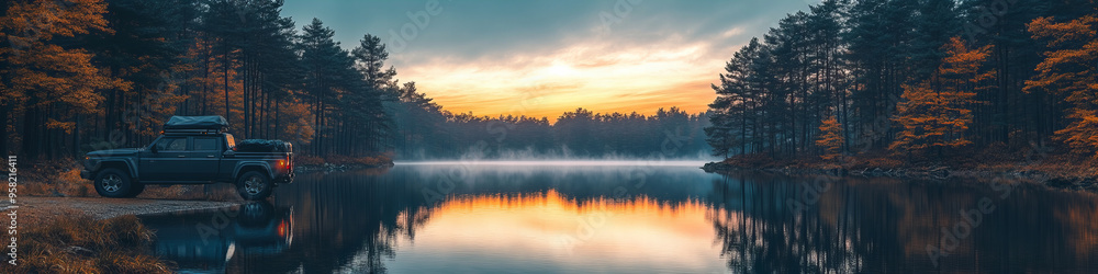Fototapeta premium Off-road vehicle parked by misty lake in forest, during autumn sunrise, serene reflection, moody atmosphere, travel and adventure theme.
