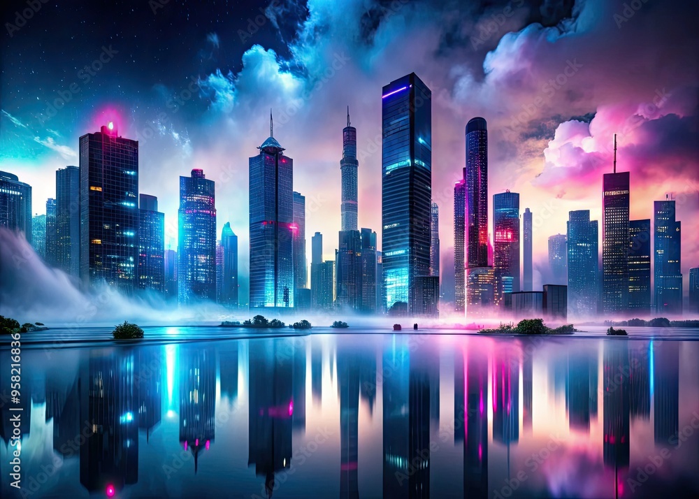 Obraz premium intense futuristic cityscape where neon-lit concrete skyscrapers pierce evening fog with spray-painted abstract murals reflections pool water minimalist
