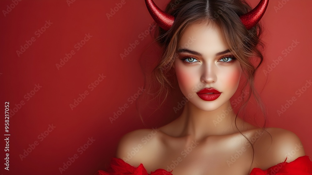 Captivating Devil Woman in Red Portrayal for Halloween Fashion Shoot Captivating Devil Woman in Red Portrayal for Halloween Fashion Shoot