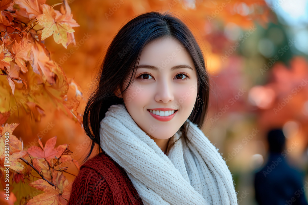 an asian woman with white scarf, medium smile, autumn concept an asian woman with white scarf, medium smile, autumn concept