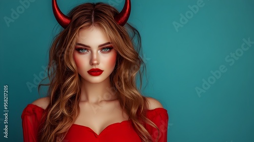 Captivating Devil Inspired Portrait of a Stunning Redheaded Woman in Red Costume with Horns photo