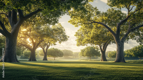Asian landscape, tall ancient trees, broad canopies, clear blue sky, soft white clouds, no orange sunlight, neutral daylight, peaceful, harmonious, serene, nature, open land, no buildings