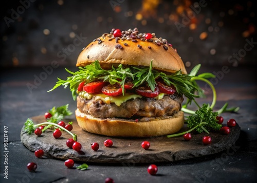 Moody dramatic gourmet burger arrangement featuring seared foie gras, pickled pink peppercorns, and frisée, set against black stone background, low-key lighting, narrow aperture