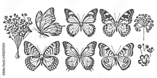 Vector butterfly trendy retro photocopy effect. Modern stipple dots texture for design art. y2k collage set.