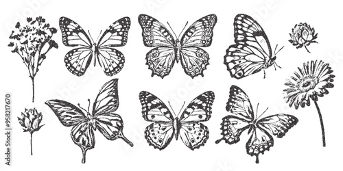 Vector butterfly trendy retro photocopy effect. Modern stipple dots texture for design art. y2k collage set.
