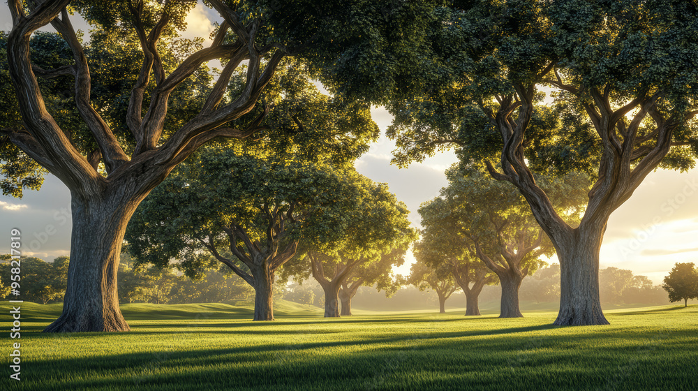 Asian landscape, tall ancient trees, broad canopies, clear blue sky, soft white clouds, no orange sunlight, neutral daylight, peaceful, harmonious, serene, nature, open land, no buildings Asian landscape, tall ancient trees, broad canopies, clear blue sky, soft white clouds, no orange sunlight, neutral daylight, peaceful, harmonious, serene, nature, open land, no buildings