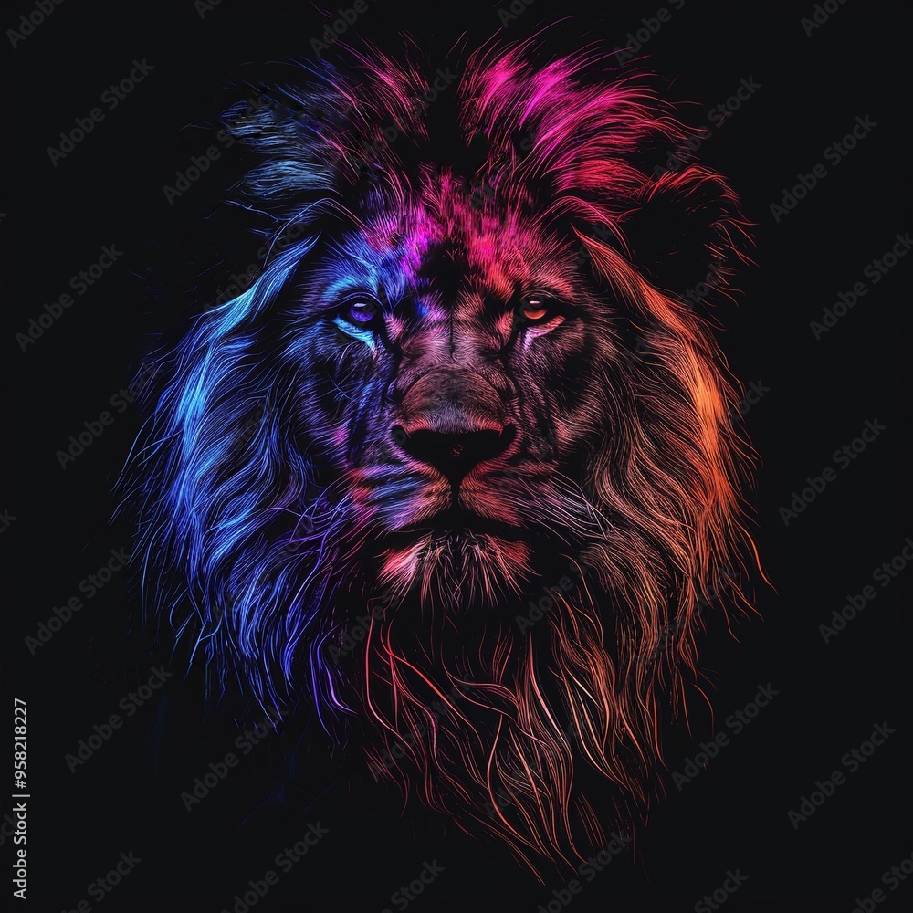 Naklejka premium Lion, Neon Lion, Lion Facem Neon Art, Generative AI