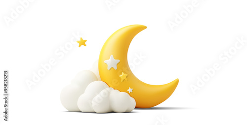3D vector illustration of a crescent moon surrounded by clouds and stars in soft yellow and white tones. Ramadan Kareem banner, template header for website.