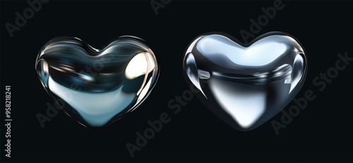 3D VECTOR illustrations of glossy metallic hearts with reflective surfaces, perfect for modern and futuristic designs. Isolated abstract element in y2k style.