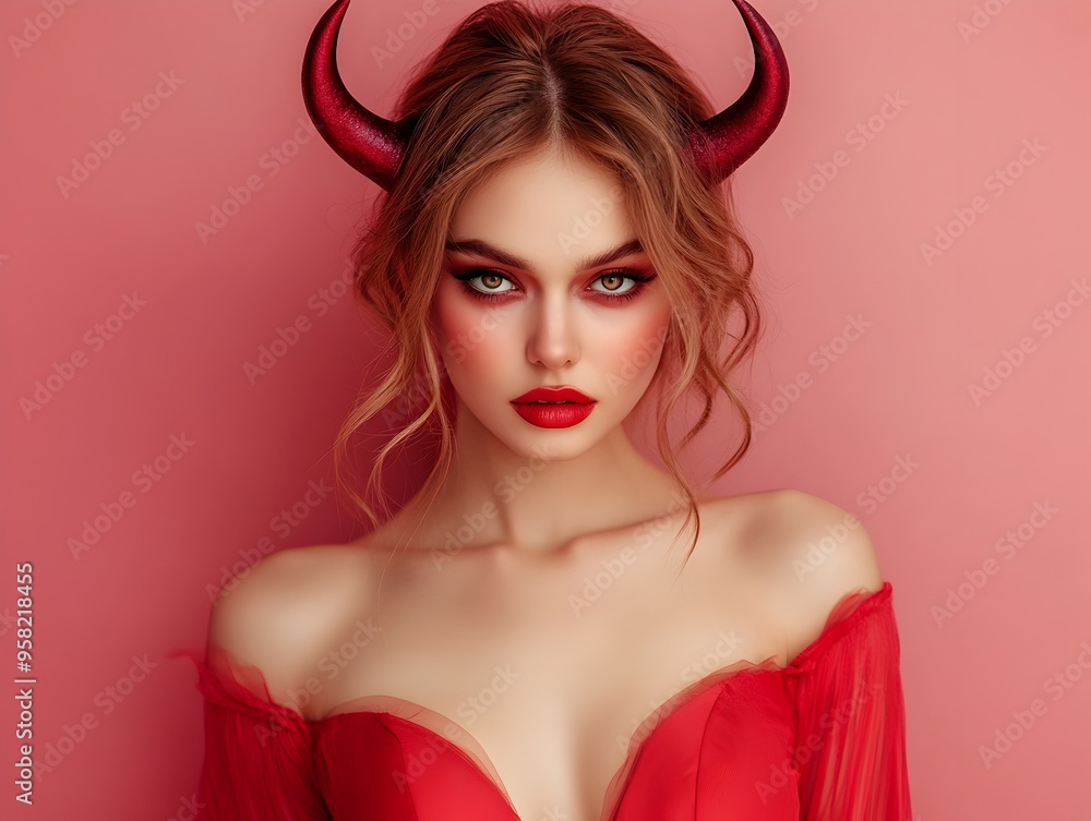 Captivating Female Devil in Striking Red Costume with Horns Captivating Female Devil in Striking Red Costume with Horns