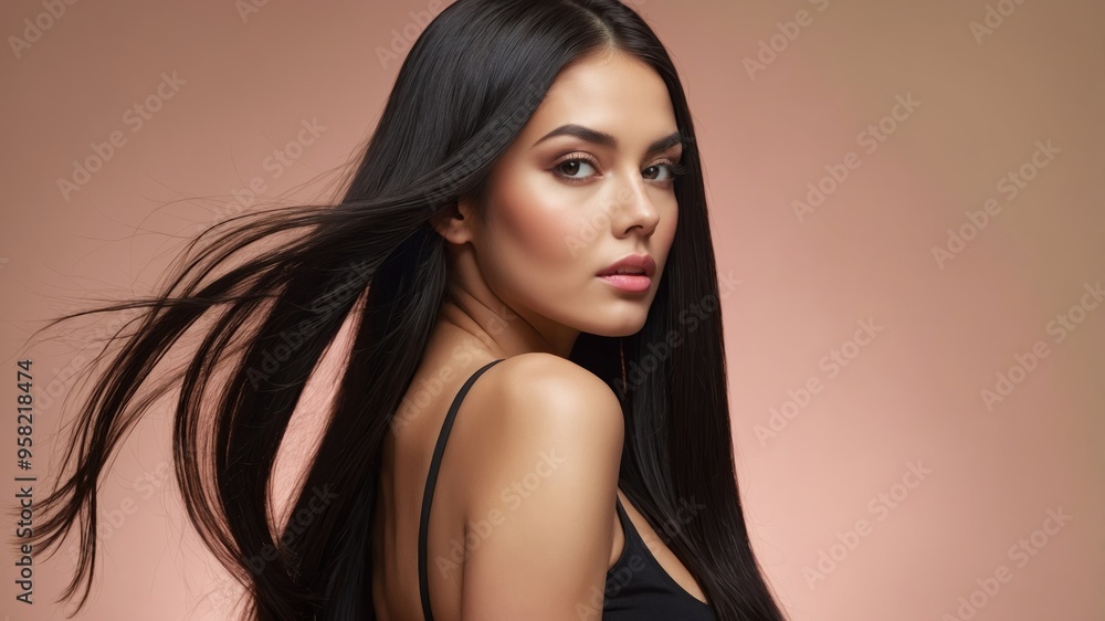 The woman showcases her beautiful hair and profile, creating a graceful pose The woman showcases her beautiful hair and profile, creating a graceful pose
