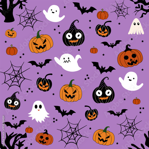 Halloween graphic elements - pumpkins, ghosts, zombie, owl, candy and others. Hand drawn set. Vector illustration.