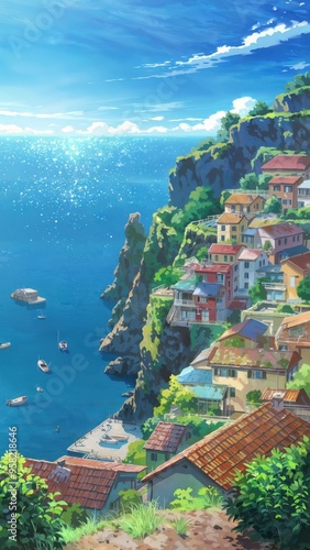 Italian costal village perched on cliffs overlooking sparkling blue sea, features colorful houses with terracotta roofs and boats in harbour.jpeg