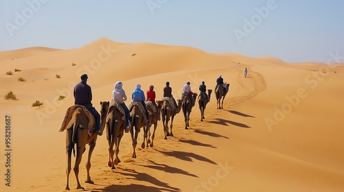 Expansive View of the Sahara Desert in Algeria, Showcasing the Vast Sand Dunes and Arid Landscape Under a Clear Blue Sky.