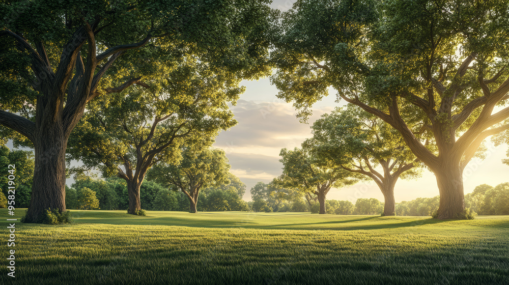 Naklejka premium Asian landscape, tall ancient trees, broad canopies, clear blue sky, soft white clouds, no orange sunlight, neutral daylight, peaceful, harmonious, serene, nature, open land, no buildings