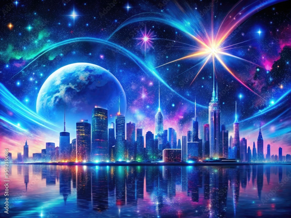 CelestialDigitalDreamscapes featuring neon-lit, futuristic cityscapes, holographic clip art stars, and swirling, cosmic-inspired special effects set against a deep, midnight blue sky. CelestialDigitalDreamscapes featuring neon-lit, futuristic cityscapes, holographic clip art stars, and swirling, cosmic-inspired special effects set against a deep, midnight blue sky.