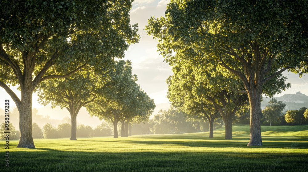 Obraz premium Asian landscape, tall ancient trees, broad canopies, clear blue sky, soft white clouds, no orange sunlight, neutral daylight, peaceful, harmonious, serene, nature, open land, no buildings