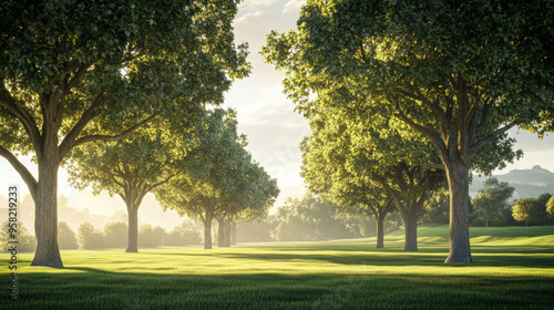 Asian landscape, tall ancient trees, broad canopies, clear blue sky, soft white clouds, no orange sunlight, neutral daylight, peaceful, harmonious, serene, nature, open land, no buildings photo