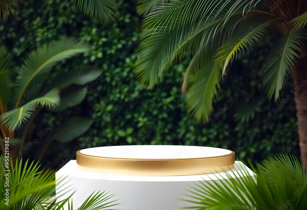 A white podium or display stand surrounded by lush green tropical foliage, including palm leaves and other dense vegetation. The background is blurred, creating a focus on the central display area A white podium or display stand surrounded by lush green tropical foliage, including palm leaves and other dense vegetation. The background is blurred, creating a focus on the central display area